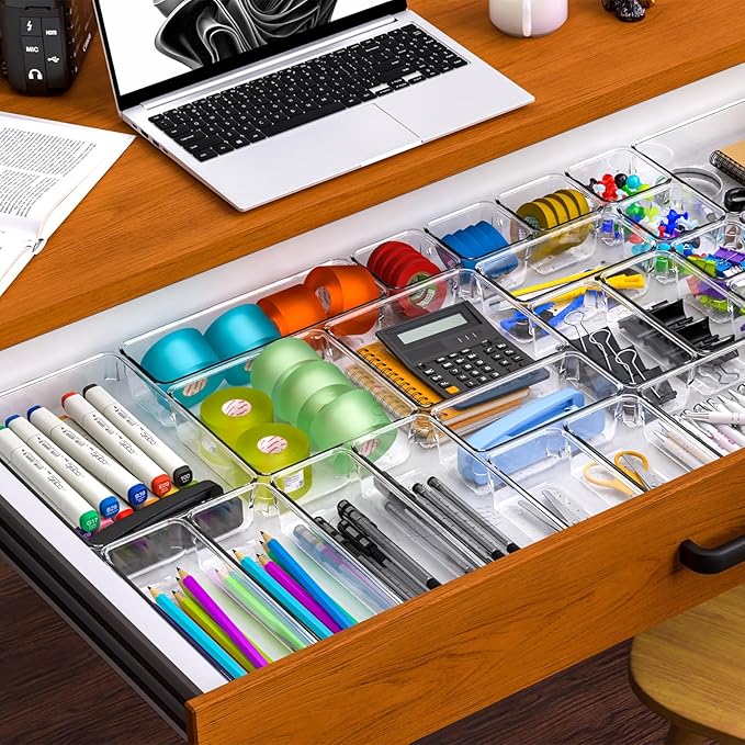 Yieach 25 Pc Clear Plastic Drawer Organizer Set,4 Sizes In Drawer Organizer Trays for Bathroom,Office,Kitchen Cabinet and Vanity Organizers,Desk Drawers Organizer Bin for Jewelry,Cosmetic,Utensil,Junk