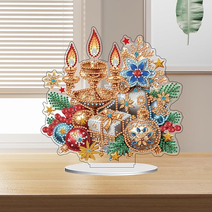 ZeeLionArt Tabletop Diamond Art Painting Kit for Adult,Christmas Candles DIY Special Shaped Rhinestone Desk Placement Ornament,Home Stand Up Gem Painting Craft Kit,Gift,Double Sided.