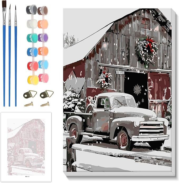 Skyboda Christmas Paint by Numbers Kit for Adults Beginners with Frame, Farmhouse Truck Adult Paint by Number Kits on Canvas, Easy DIY Oil Painting Kits for Home Decor, 8x12in