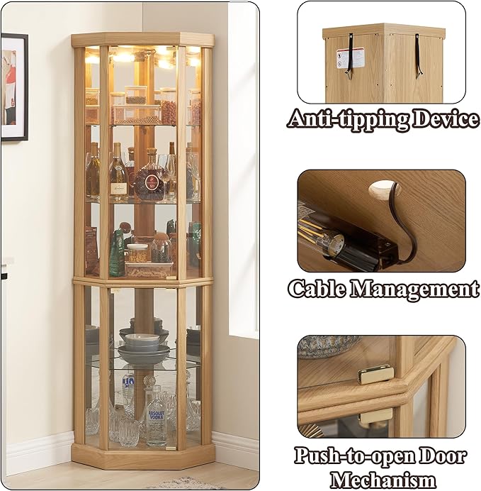 69" H Lighted Curio Cabinet Corner Display Case,Corner Glass Cabinets with Tempered Glass Door and Adjustable Shelves,Wooden Curio Cabinet with Mirrored Back Pane (Style 1 - Light Oak)