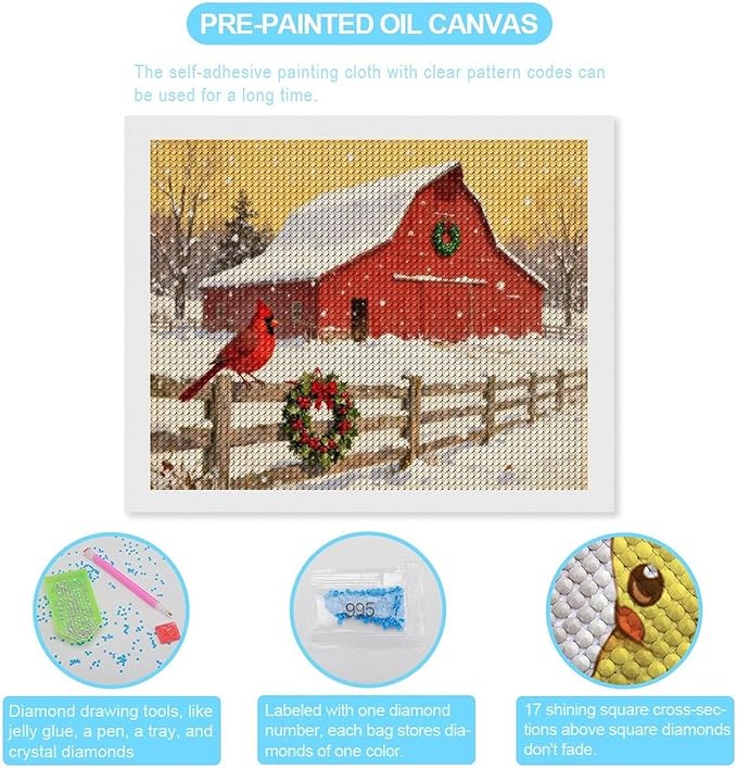 AIVKIEJK Diamond Painting Kits for Adults - Christmas Winter Cardinal, Red Barn Scene Painting DIY 5D Full Drill Diamond Dots Paintings with Diamonds Gem Art and Crafts Home Decor 16"x20"