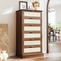 HUAHUU 6 Drawer Dresser for Bedroom, 50 Inch Tall Dressers & Rattan Chest of Drawers, Mid Century Style, Wood Modern Dressers Organizer for Bedroom, Living Room, Hallway, Entryway, Walnut