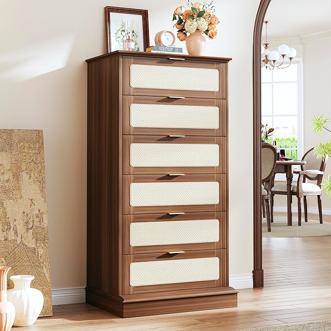 HUAHUU 6 Drawer Dresser for Bedroom, 50 Inch Tall Dressers & Rattan Chest of Drawers, Mid Century Style, Wood Modern Dressers Organizer for Bedroom, Living Room, Hallway, Entryway, Walnut