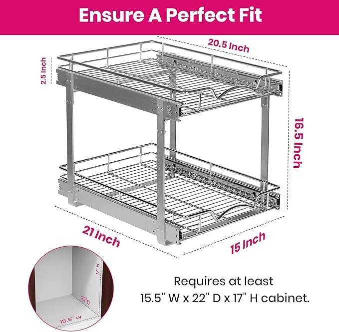 2-Tier Pull-Out Cabinet Organizer with Heavy-Duty Steel Frame, Full-Extension Sliding Shelves, Holds 100 lbs, Easy Install for Kitchen, Pantry & Under Sink Cabinets, 15" W x 21”D x 16.5" H
