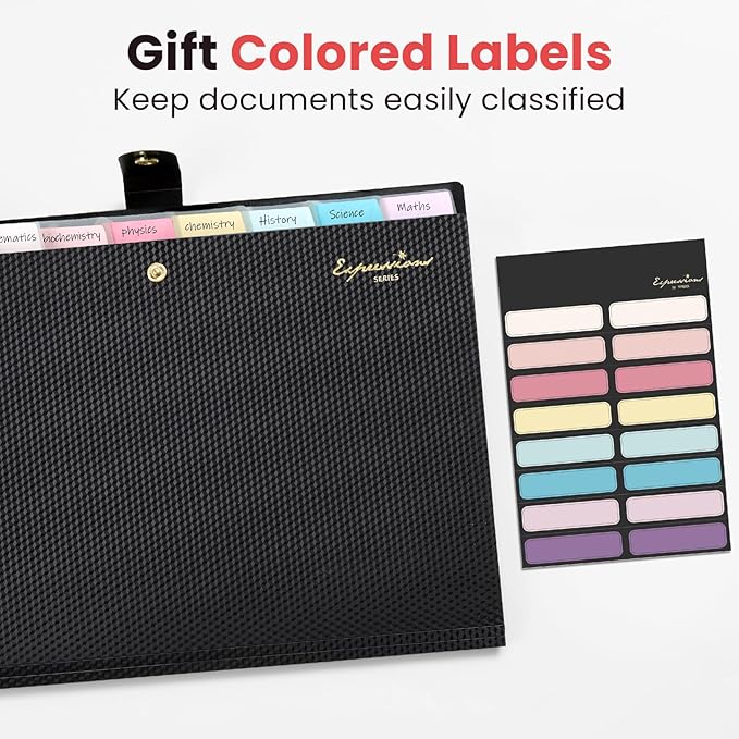 Sooez Accordion File Organizer, Letter Size Expanding File Folder with Labels, 8 Pocket Folders for Document, Portable Paper Bill Receipt Organizer for Home School Office Supplies, A4 Size, Black