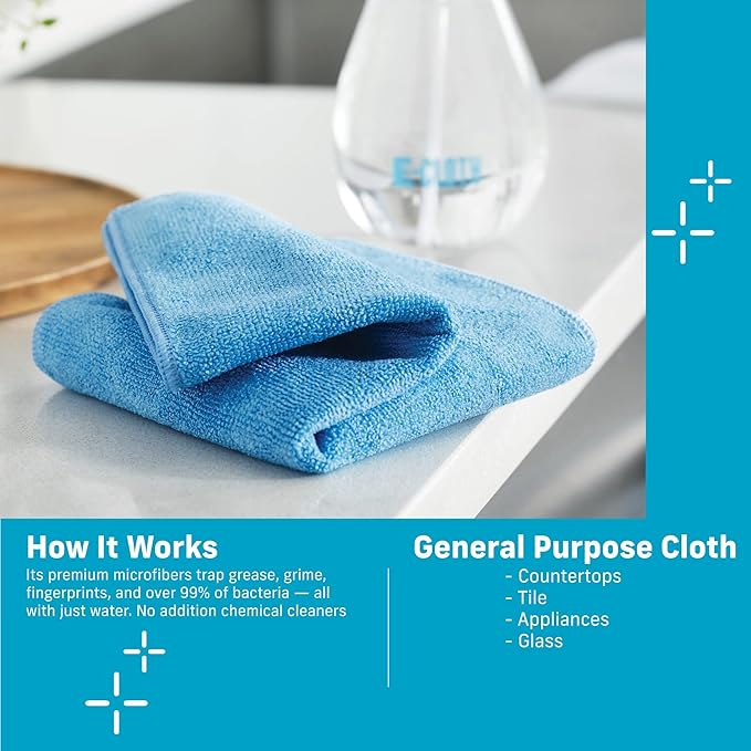 E-Cloth Microfiber Cloth, World's Leading Premium Microfiber Cleaning Cloth, Twice as Durable as Competition, 1 Year Guarantee, Ideal for Kitchen, Countertops, Sinks, and Bathrooms, Blue, 2 Pack