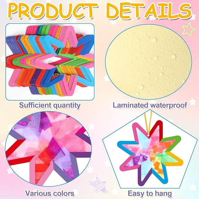 Qyeahkj 36 Set Summer Star Suncatchers Crafts for DIY Star Window Tissue Paper Craft Kit Art Ornament Hanging Decor for Home Activity Art Project Birthday Party Favors Gifts