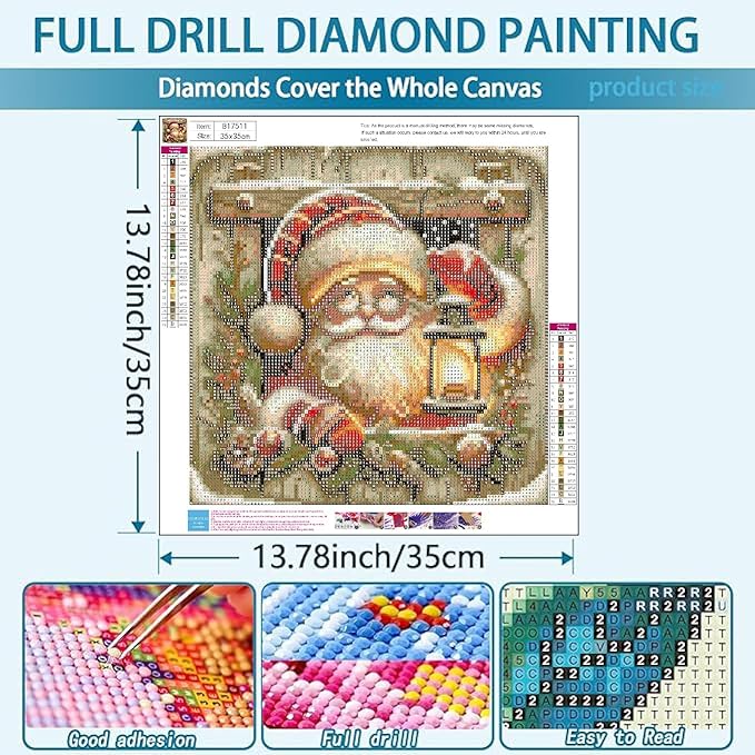 VIGEGU Christmas Diamond Art Kits for Adult,Santa Claus Diamond Painting for Beginnger,Lantern DIY Full Drill Rhinestone Diamond Dots Gem Painting Home Wall Decor 13.7x13.7 in