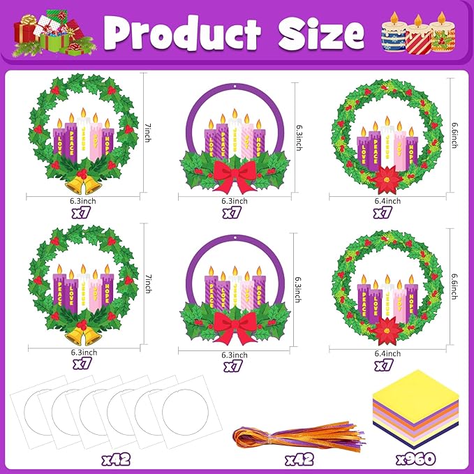 Glicholi 42 Packs Christmas Advent Wreath Suncatchers Crafts, Make Your Own Advent Candle DIY Tissue Art Craft Gift with Joy Christ Peace Hope Love for Xmas Home Church Game Activities