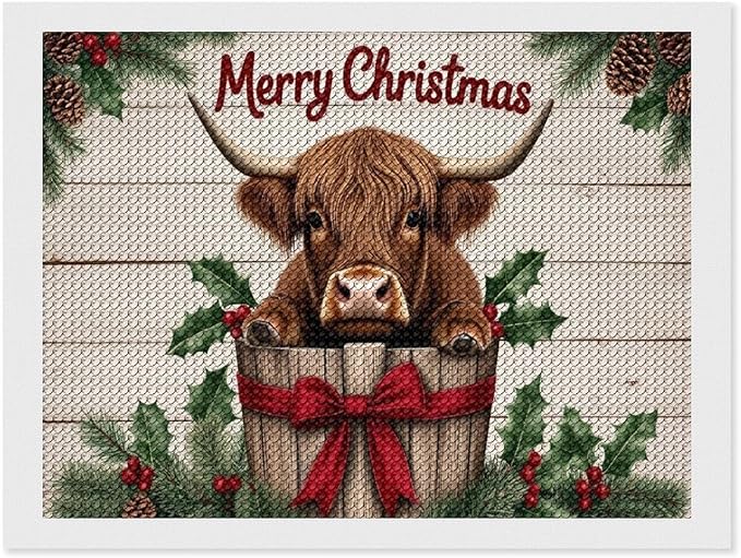 AIVKIEJK Diamond Painting Kits for Adults - Highland Cow Merry Christmas Painting DIY 5D Full Drill Diamond Dots Paintings with Diamonds Gem Art and Crafts Home Decor 12"x16"