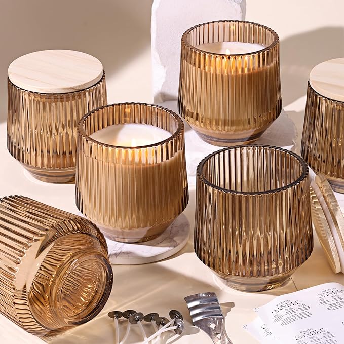 Simeitol 13 OZ Candle Making Kit - 6 Pack Amber Ribbed Glass Jars With Bamboo Lids and Wick Kit for Containers