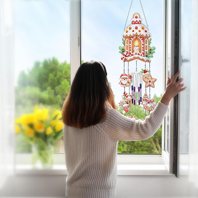 Christmas Candle Diamond Art Painting Wind Chime Hanging Ornaments DIY Kit 5D Diamond Art Wind Chimes Christmas Hanging Pendant Double Sided Special Gem Paint by Number Garden Tree Patio Window Decor