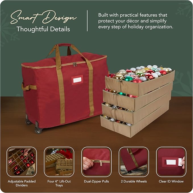 Covermates Keepsakes Rolling Adjustable Ornament Storage Bag – Heavy-Duty Polyester, FlexGrid Trays & Padded Dividers – Protective Holiday Organizer with Wheels, Handles & ID Window, Red