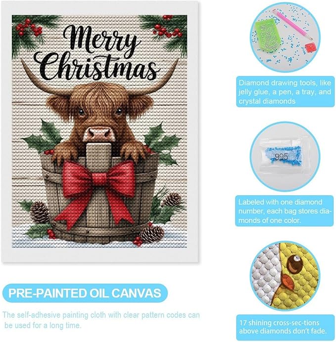 AIVKIEJK Diamond Painting Kits for Adults - Highland Cow Merry Christmas Painting DIY 5D Full Drill Diamond Dots Paintings with Diamonds Gem Art and Crafts Home Decor 12"x16"