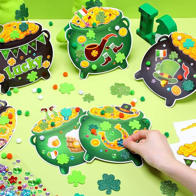 Funrous 48 Sets St. Patrick's Day Crafts Kit Pot of Gold Paper Crafts Bulk DIY Irish Green Shamrock Lucky Clover Coin Jar Leprechaun Hat Hanging Ornaments for Classroom Activities Arts Party Favors