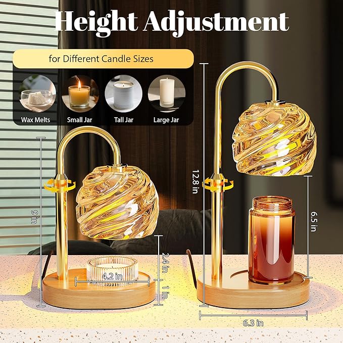 Candle Warmer Lamp with Timer Dimmer, Electric Candle Warmer with Adjustable Height for Home Decor, Office, Valentines Birthday Gifts for Women Men Mom, Wax Melter for All Jar Sizes, 2Bulbs, Gold