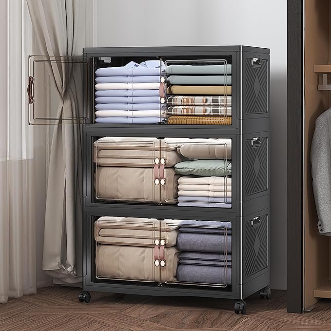 Extra Large Stackable Storage Bins with Lids & Wheels, Foldable Collapsible Closet Organizers Dark Storage Cabinet with Doors for Bedroom Dorm