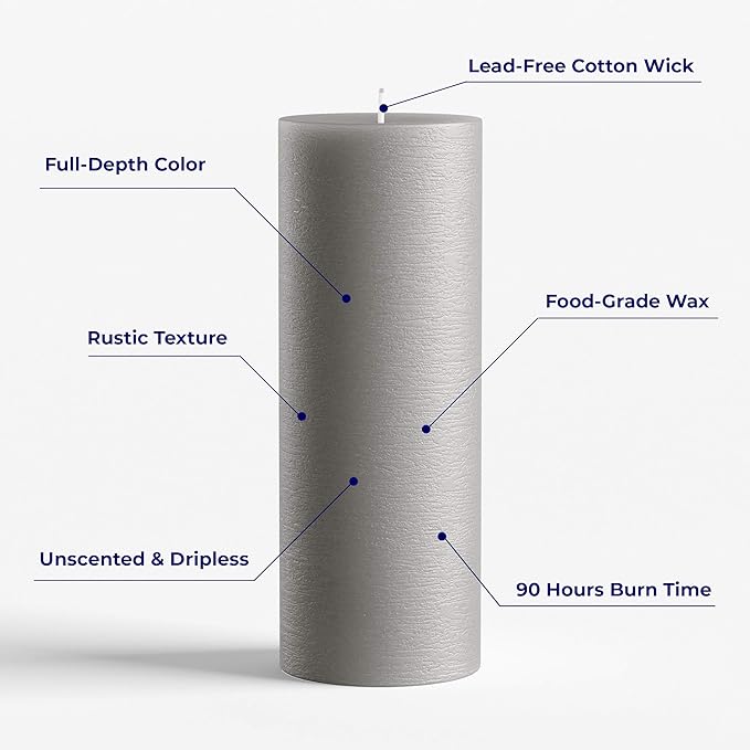 Set of 2 Pillar Candles 3" x 8" Unscented Handpoured Weddings, Home Decoration, Restaurants, Spa, Church Smokeless Cotton Wick - Grey