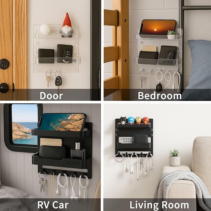 Adhesive Bedside Wall Shelf Organizer with 5 Hooks and Cable Clips, Plastic Wall Storage Holder for Phone, Remote Control, Earphone, Kindle, Keys – Bedroom, Dorm, RV (Black)