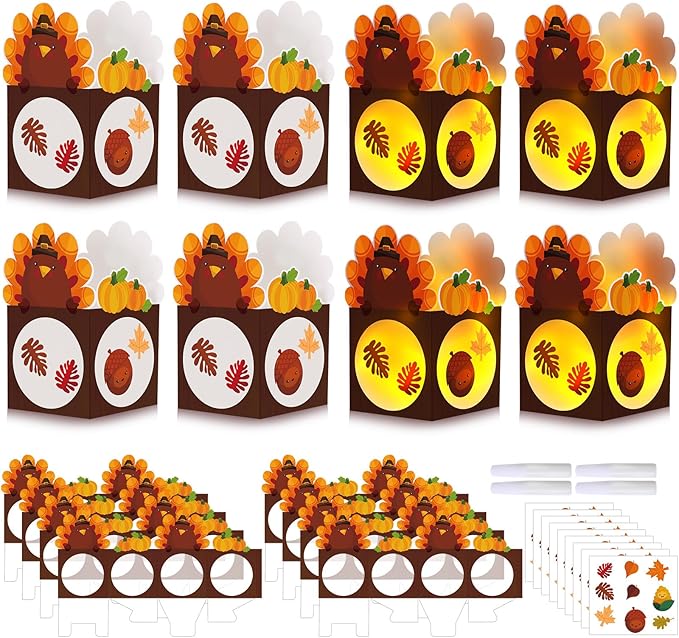 Marspark 24 Sets Thanksgiving Crafts Bulk Turkey Maple Leaf Fall Craft Paper Lanterns Kit DIY Harvest Autumn Lanterns for Home Art Activities Party Decorations(Turkey)