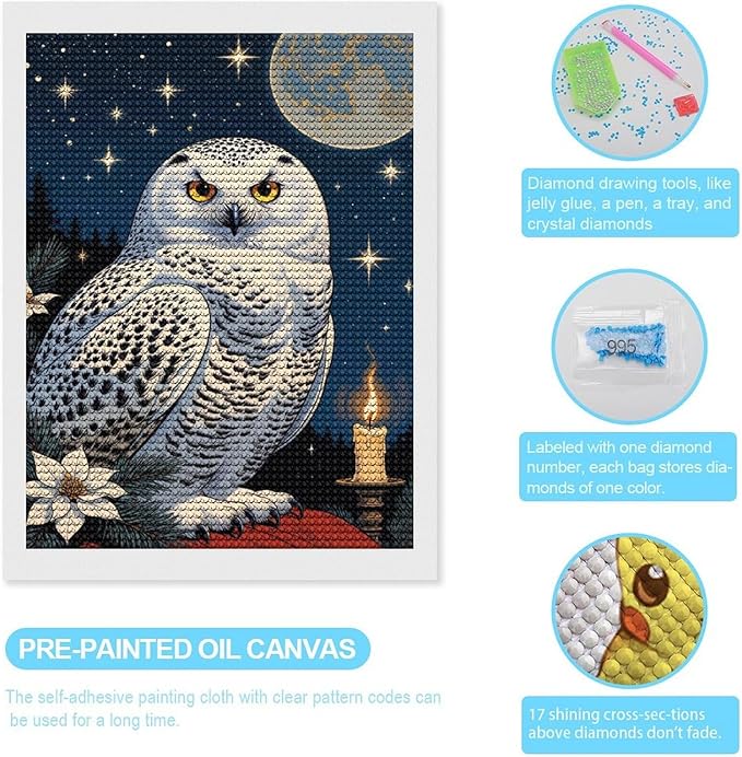 KIVJMSIDJA Snowy Owl & Candle Glow - Winter Night Scene Diamond Art Kits for Adults for Beginners, 5D Full Diamond Art Paint 12"x16"