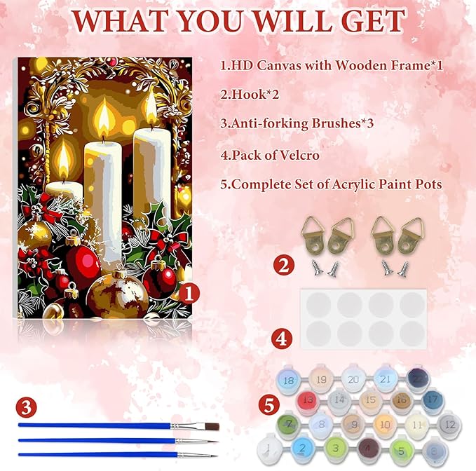 NAIMOER Christmas Candles Paint by Numbers Kits for Adults Beginner with Wooden Framed, Color by Numbers on Canvas Painting Kits for Adults, Easy Paint DIY Acrylic for Home Wall Decor 8X12 Inch
