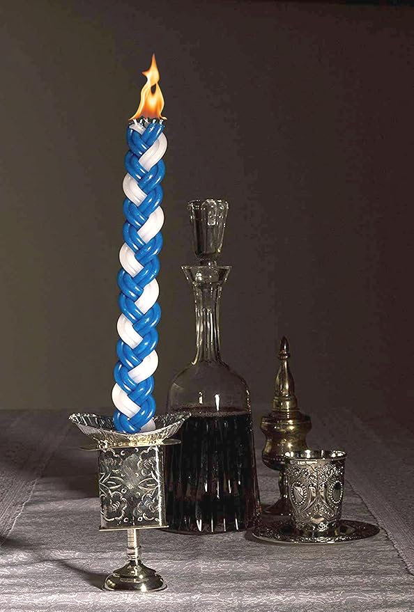 Ner Mitzvah Braided Havdalah Candle - 12-Pack Flat Blue and White Paraffin Wax - Handcrafted Havdallah Candle - Shabbat Judaica Gift