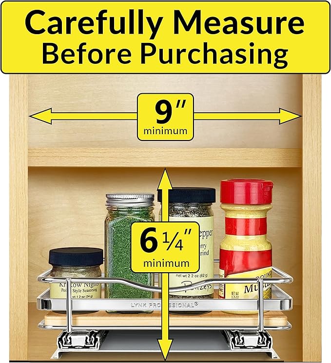 LYNK PROFESSIONAL® Élite™ Pull Out Spice Rack Organizer for Inside Kitchen Cabinets - 8-3/8 inch Wide - Slide Out Drawer – Wood/Chrome Sliding Spice Organization for cabinet - Spice Racks - 1 Tier