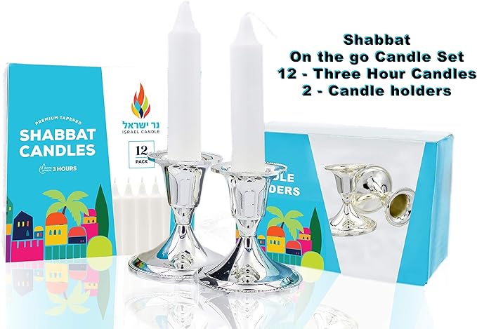 On-The-Go Shabbat Candle Travel Premium Set, 12-3HR Candles and 2 Shabbos Candle Holders