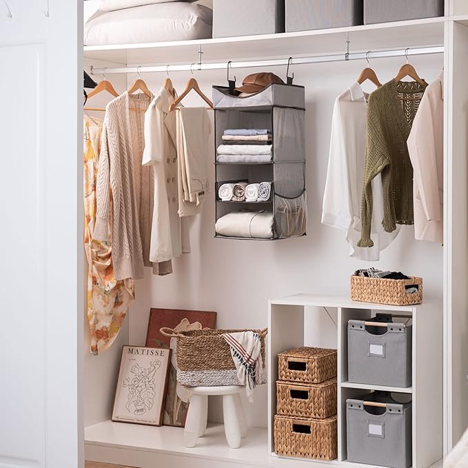 StorageWorks Hanging Closet Organizer, 3-Shelf Hanging Closet Shelves with Top Shelf, 12 ¾" W x 12 ¾" D x 32" H, Extra-Large Space, Blue & Gray