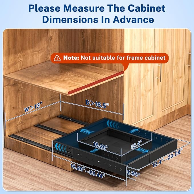 Insputer 1 Pack Pull Out Cabinet Organizer Expandable (12.4"-20.08")W & (16.26"-22.44")D, No Drill Slide Out Drawers with 3 Slide Rail, 2Pcs Magnetic Panel, Adhesive Roll Out Shelf for Kitchen, Pantry