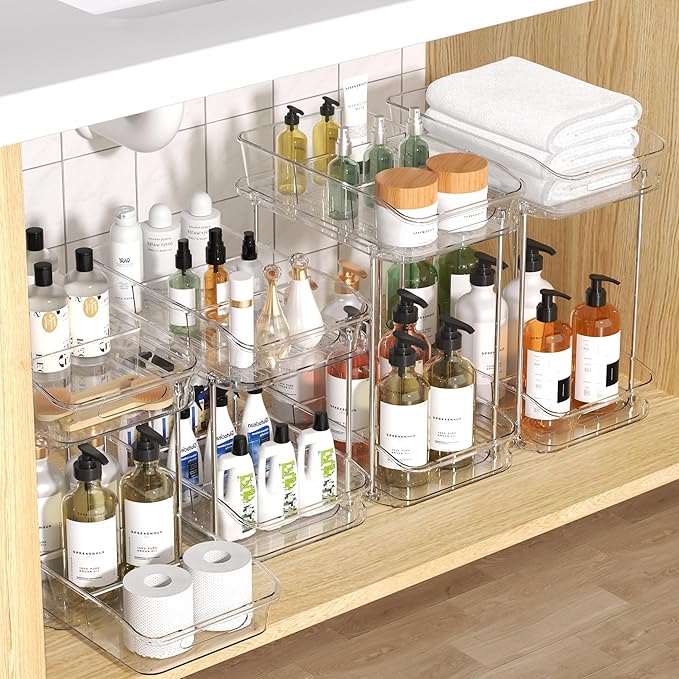 incostar 2 Tier Pull-Out Storage Organizer for Bathroom and Kitchen, Under Sink Organizer with Dividers, Ideal for Organizing Cupboard,Bathroom Vanities,Cabinet, Slide-Out Clear Storage, 4 Pack