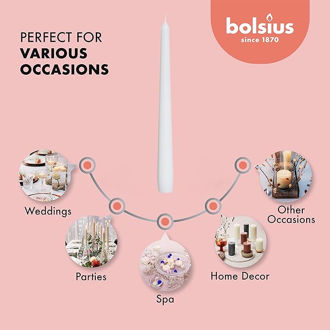 BOLSIUS Long Household White Taper Candles - 10-inch Unscented Premium Quality Wax - 8 Hours Long Burning Dripless Candles Bulk Pack of 60 for Home Decor, Wedding, Parties and Special Occasions