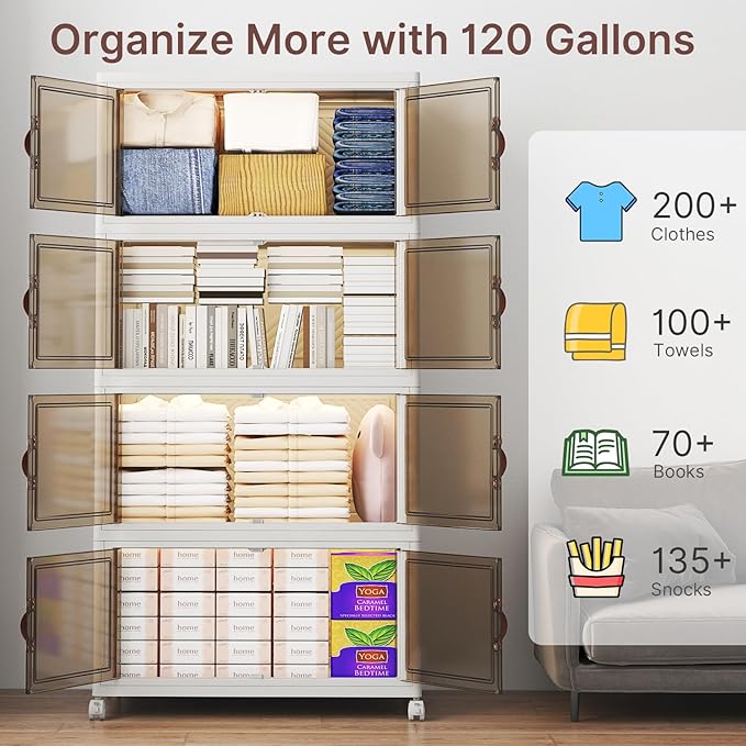 UAMFURI Stackable Storage Bins with Lids, 480QT Closet Organizers, Lockable Storage Cabinet，Foldable Storage Box with Doors and Wheels, Plastic Drawers for Home, Garage, Office (4, White, Large)