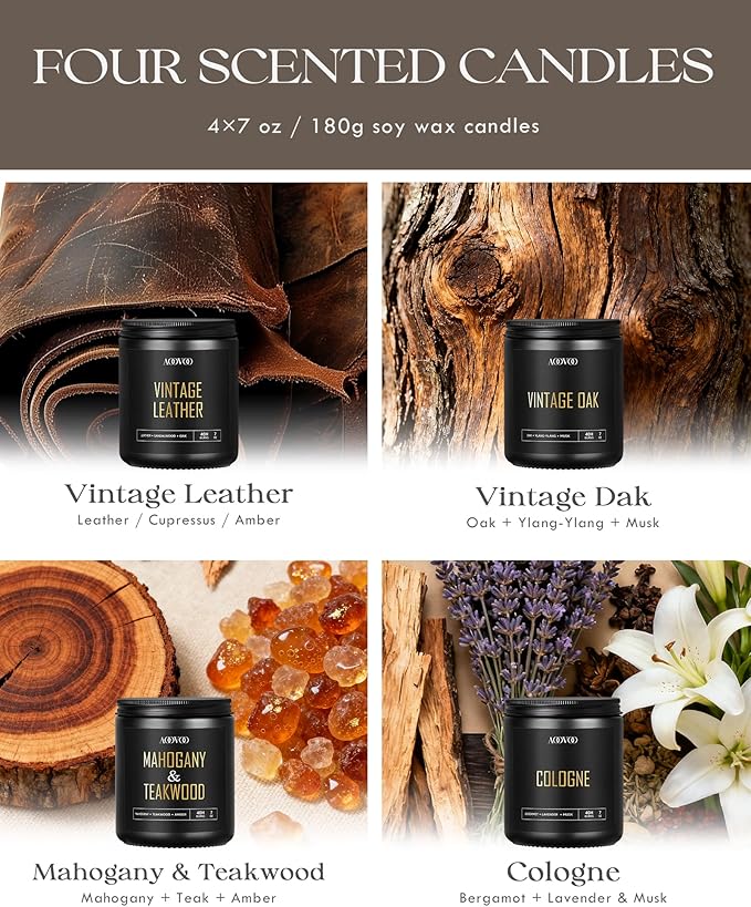 AOOVOO Scented Candles for Men - 4 Pack Candles for Home Scented, 28oz Soy Wax, 200 Hour Burn Time, Men Candle Set, Vntage Leather/Vntage Oak/Mahogany Teakwood/Cologne Candle Set