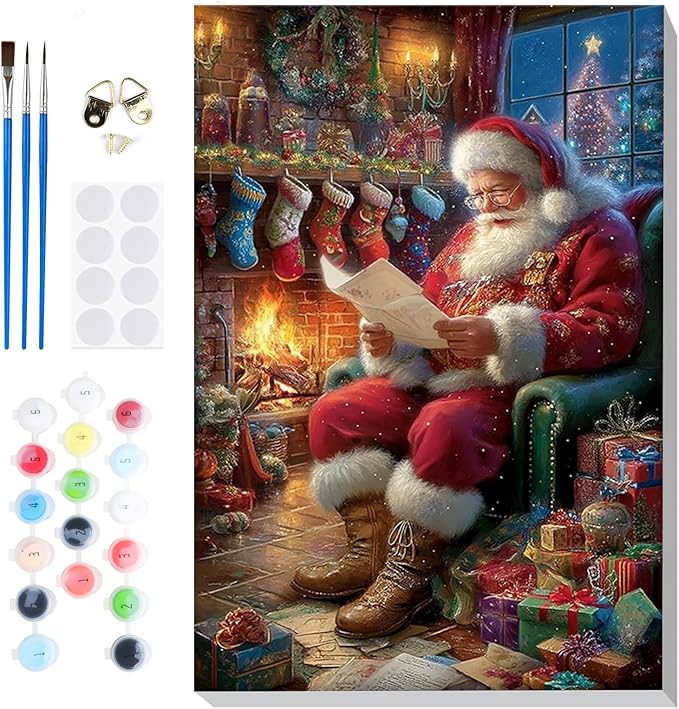 Bowetile Christmas Paint by Numbers for Adults Beginners Framed, Adults' Paint-by-Number Santa Claus Kits on Canvas, Acrylic Number Painting Christmas Gifts for Home Wall Decor, 8x12in