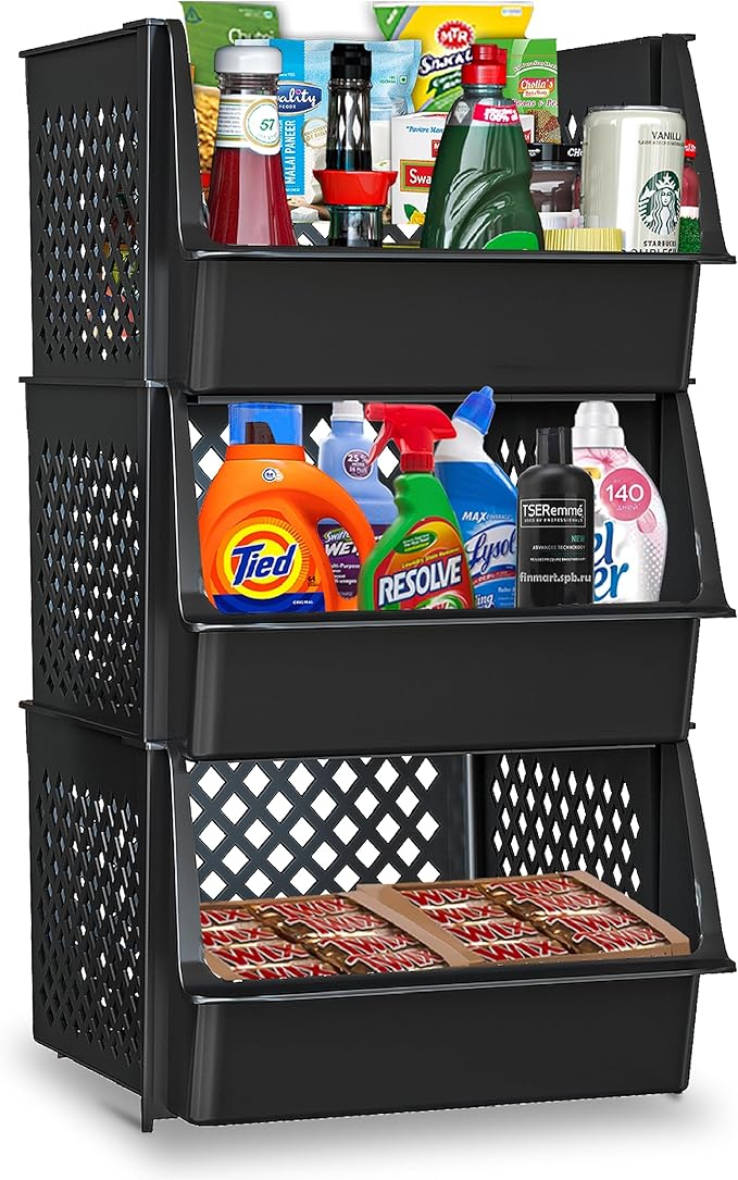 Skywin TidyFriend Large Plastic Stackable Storage Bins for Pantry, 3 Pack Stackable Bins For Organizing Kitchen and Bathroom Essentials (Black)