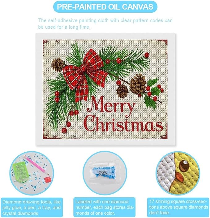 AIVKIEJK Diamond Painting Kits for Adults - Merry Christmas Holly, Pine Cones & Red Plaid Bow Painting DIY 5D Full Drill Diamond Dots Paintings with Diamonds Gem Art and Crafts Home Decor 16"x20"