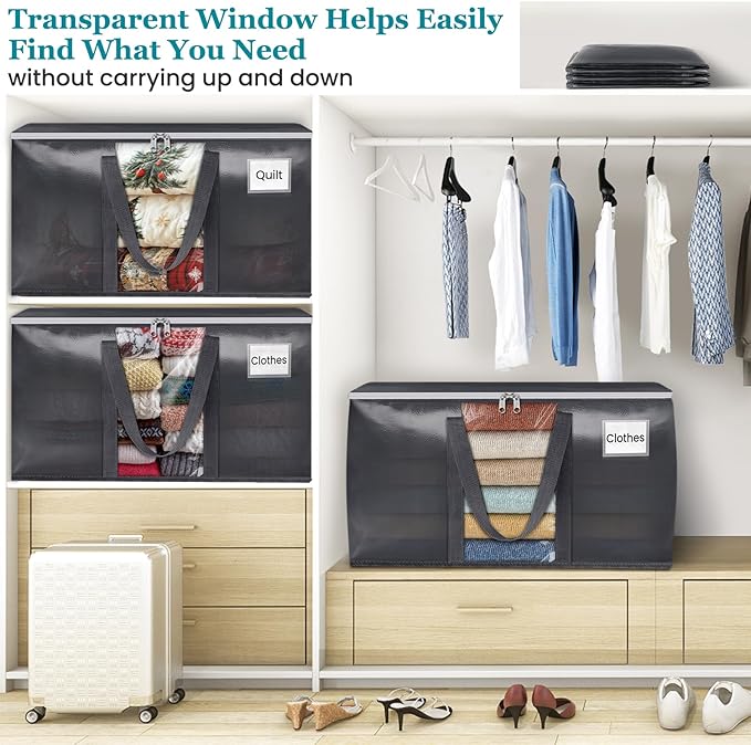 HomeHacks 4 Pack Extra Large Moving Bags with Visual PVC Window & Zippers, Storage Totes with Reinforced Handles, Heavy Duty Storage Bags for Packing, Moving, Storage (125L,Grey)