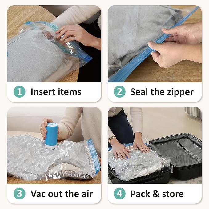Cozy Essential Travel Vacuum Storage Bags with Rechargeable Cordless USB Pump, Space Saver Bags for Luggage, Suitcase, Carry-On, for Clothes, Blankets, Bedding & Seasonal Storage,8 Combo