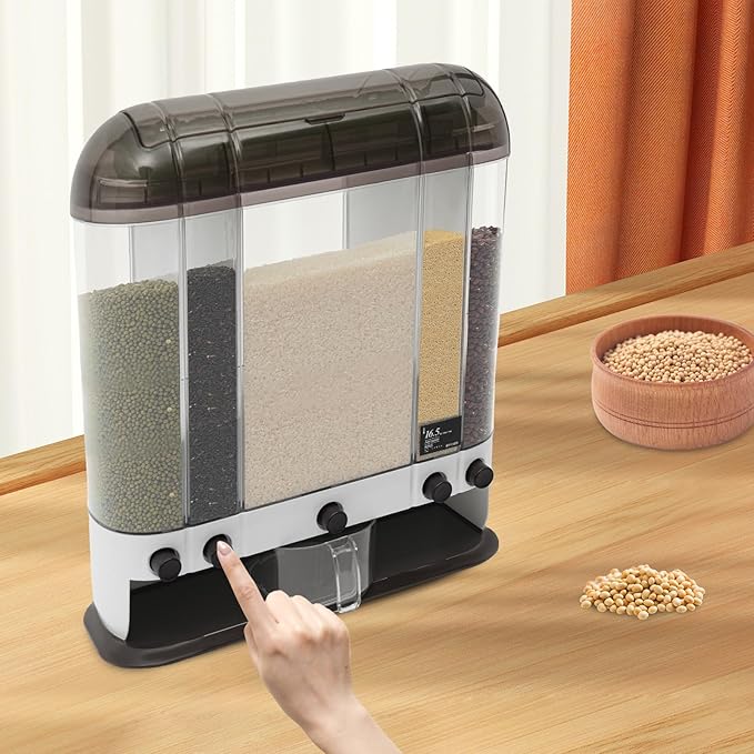 5 Grid 33lbs Dry Grain and Rice Cereal Dispenser Grain Storage Container Dispenser with Lid, Beans Dispenser