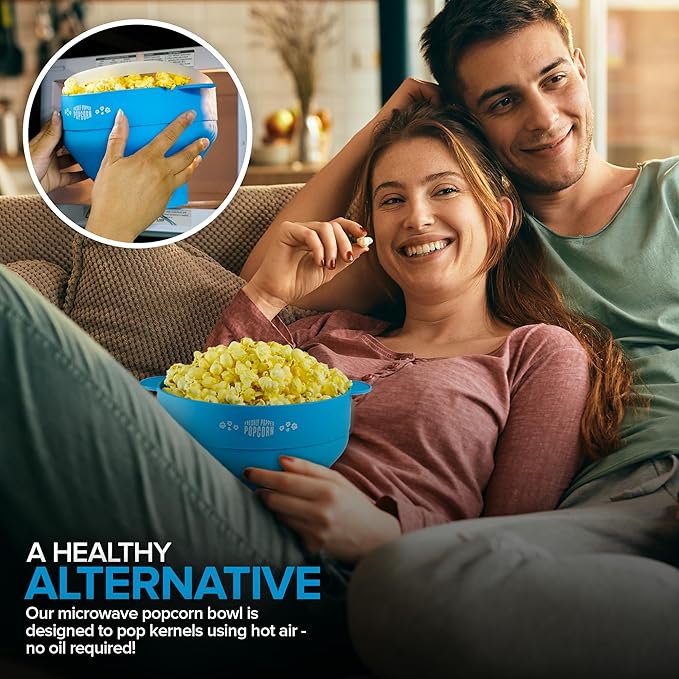 Silicone Microwave Popcorn Popper (Blue) Air Popper Popcorn Maker No Oil Required, Collapsible Pop-Corn bowl with Lid, Reusable, BPA-Free, Dishwasher Safe