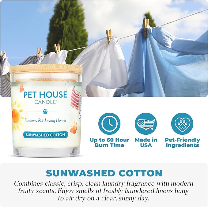 One Fur All Pet House Candle Plant-Based/Soy - Clean Burning Scented,Long Lasting Pet Odor Candle for Home - Sunwashed Cotton