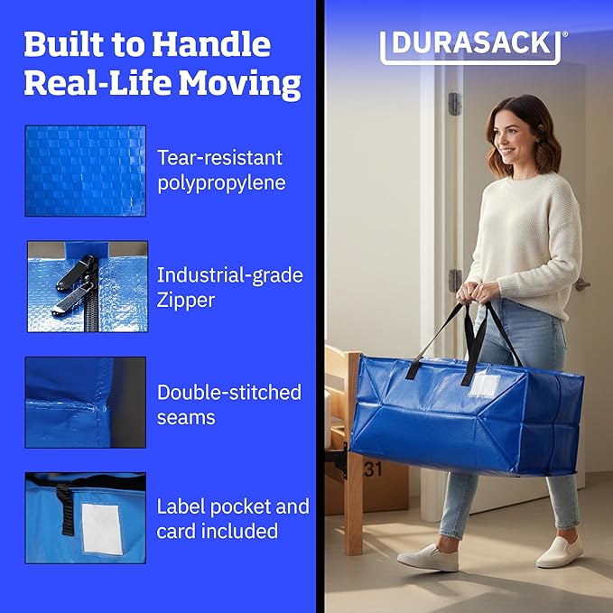 DURASACK Heavy Duty Moving Bag Storage Container Duffle Bag with Zipper, Reinforced Carry Straps and Backpack Straps, Made of Rugged Woven Polypropylene, Pack of 4, Blue