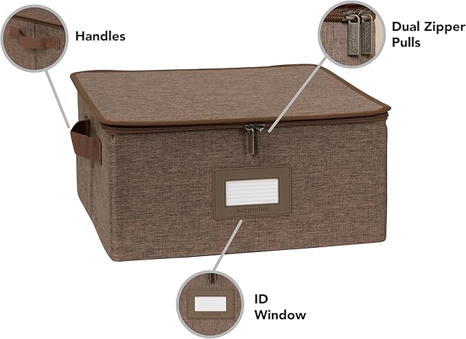 Covermates Dish Storage Box – China & Dinner Plate Storage Container with Dual Zippers, Reinforced Handles, ID Window & Stackable Structured Walls for Dishware Organization, Brown Heather