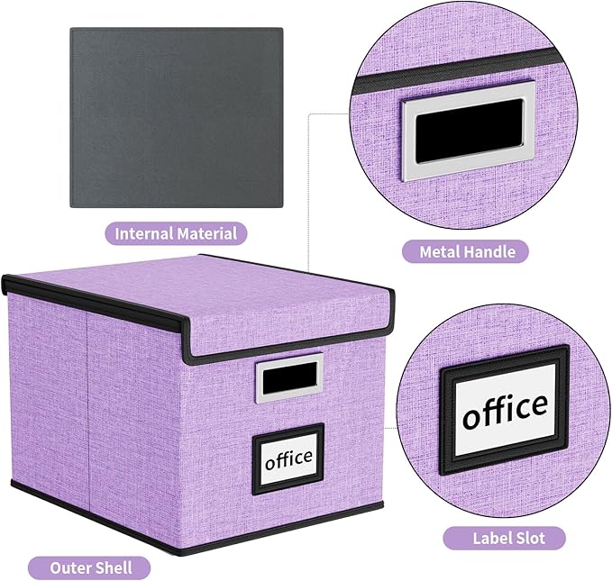 Huolewa File Organizer Box with Lid, Collapsible File Folder Organizer for Office Document Storage, Filing Box with Plastic Slide for Letter Size Hanging File Folders(1 Pack, Lavender)