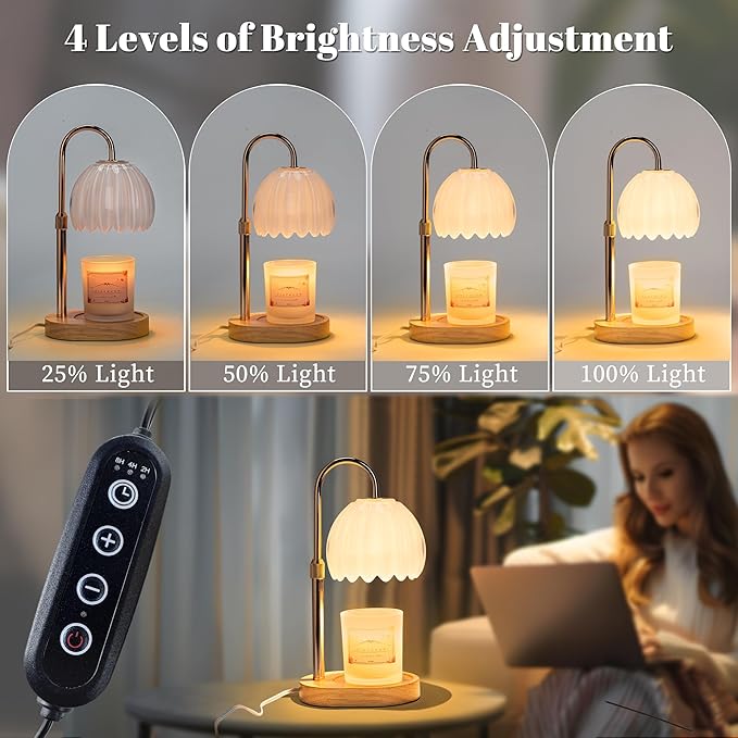 Candle Warmer Lamp with Timer Dimmer Adjustable Height, for New Home Decor,Valentine's Day, Birthday Gifts for Women,Wax Warmer Lamp for Jar Candles with 2 Bulbs(White)