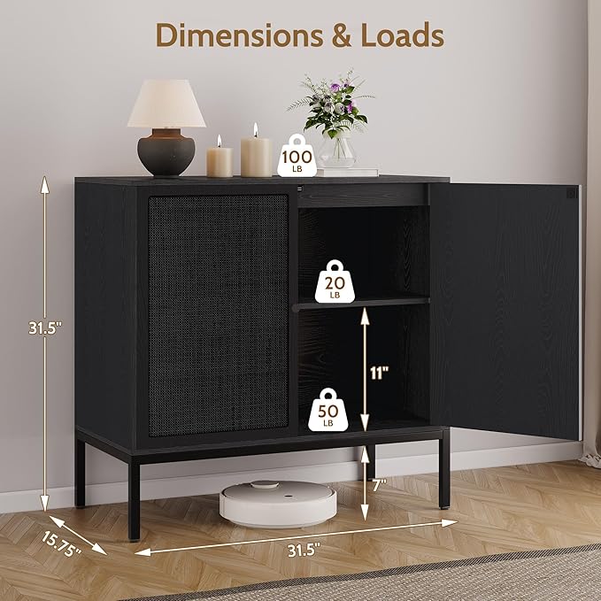 Yechen Set of 2 Full Black Rattan Cabinet, Farmhouse Sideboard Cabinet with Natural Rattan Decorated Doors, Accent Cane Credenza Buffet Console Storage, for Living Room Entryway Kitchen, Metal Legs