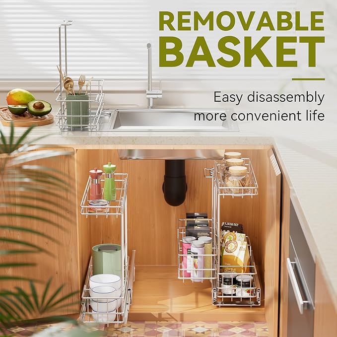 2 Tier Under Sink Organizer 11" W X18 D, Pull Out Cabinet Organizer One Removable Basket, Under Sink Slide Out Chrome Plated, Under Kitchen Bathroom Sink Organizer, 2 Pack