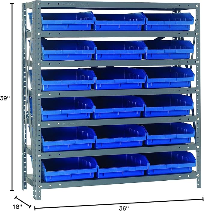 Quantum Storage Systems 1839-110BL Steel Shelving Unit with 4" Shelf Bins, 18" D x 36" W x 39" H, Blue
